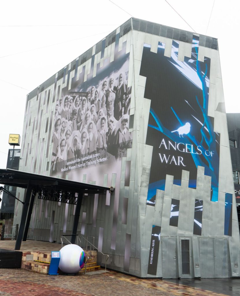 Angels of War outdoor exhibition at Federation Square - Video works by RMIT Digital Media students at Digital Facade, studio led by Associate Professor Li Ping Thong