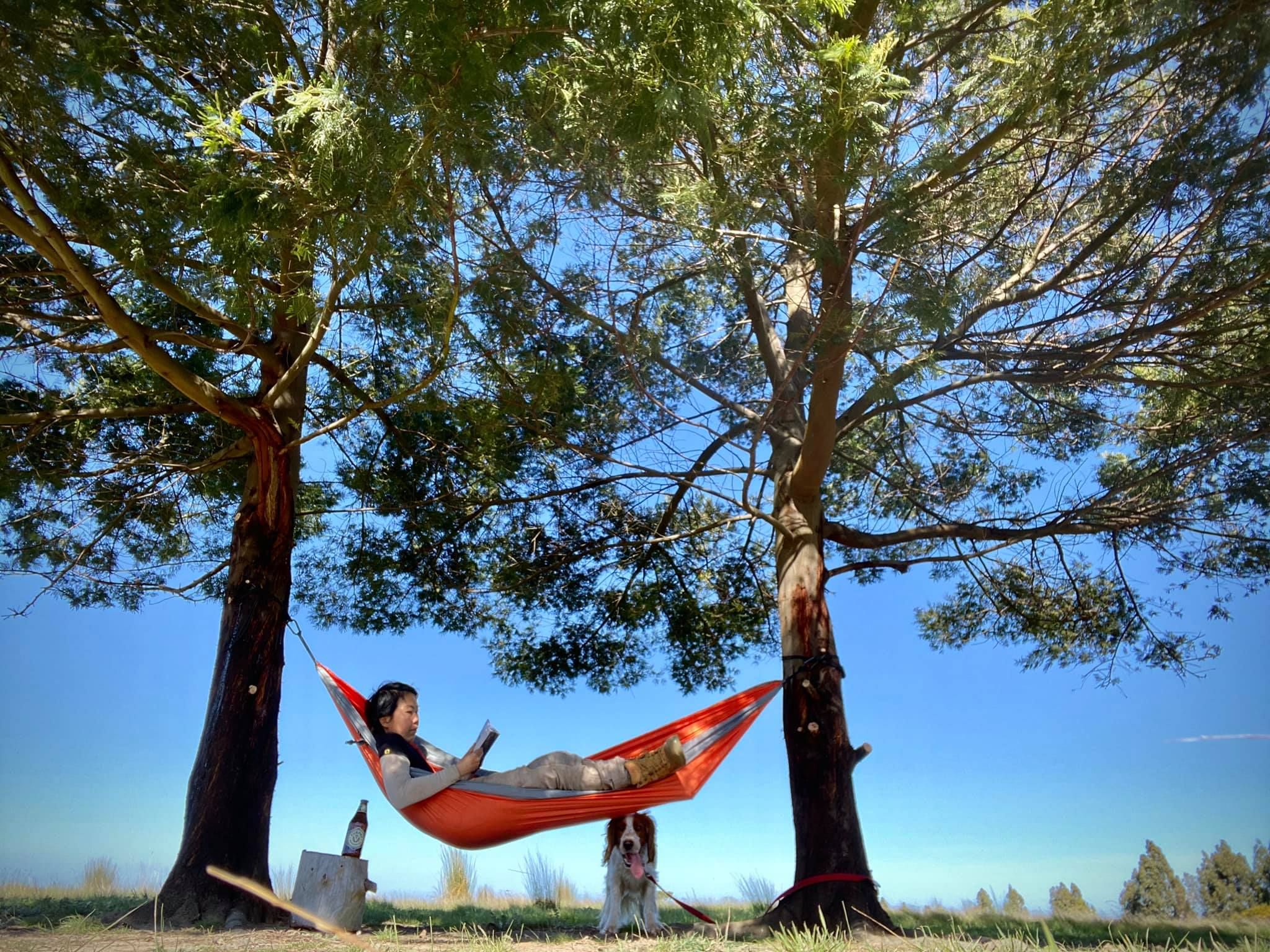 Li Ping Thong in an orange hammock, reading a book at the farm whilst her dog sits underneath it.